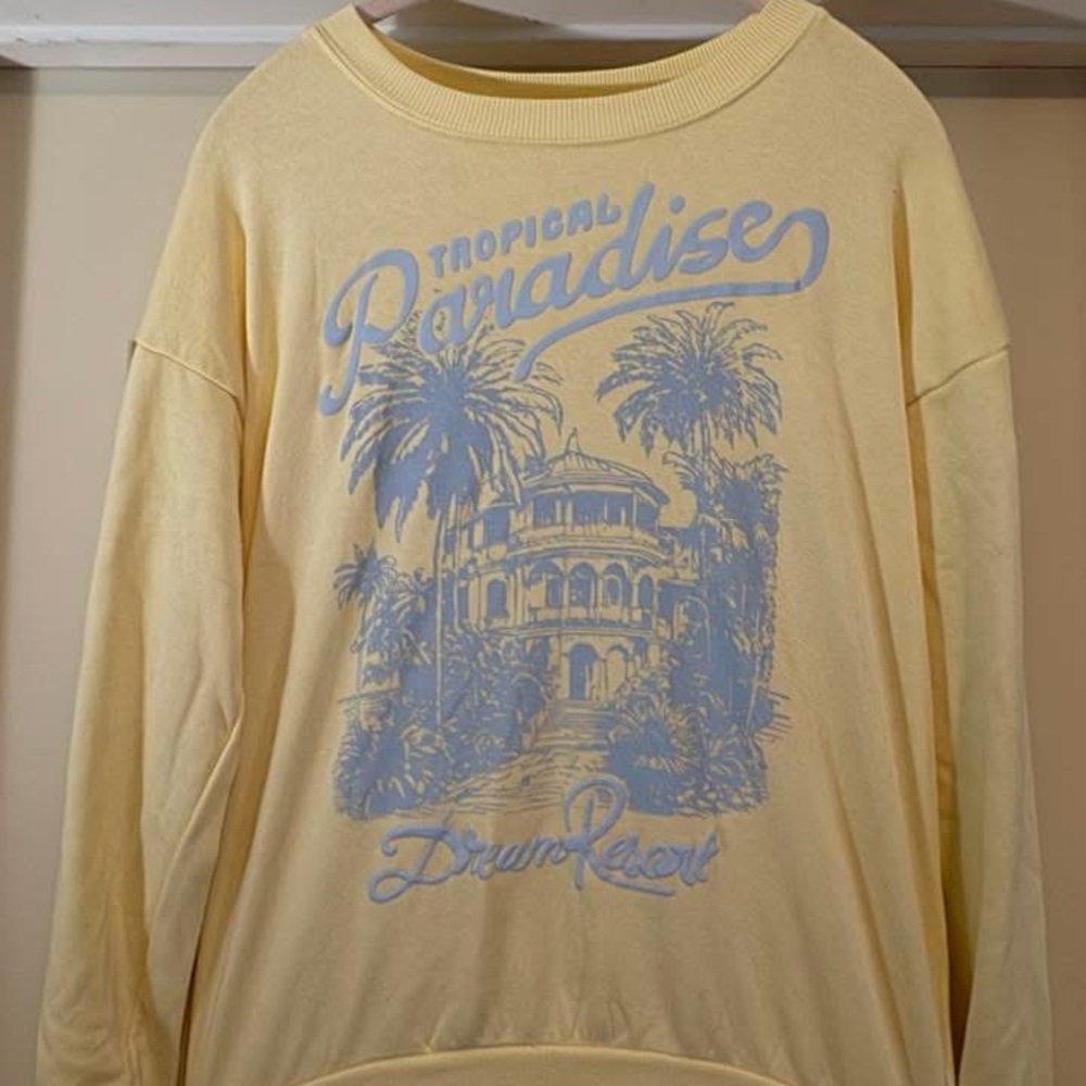 No Boundaries Yellow Crew Neck Sweater with Retro Graphics